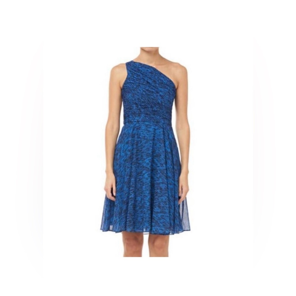 HALSTON‎ Ruched Asymmetrical Dress Blue Pattern Size 6
